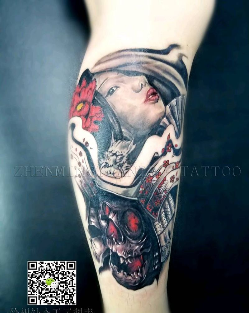 小腿艺妓完成纹身图片