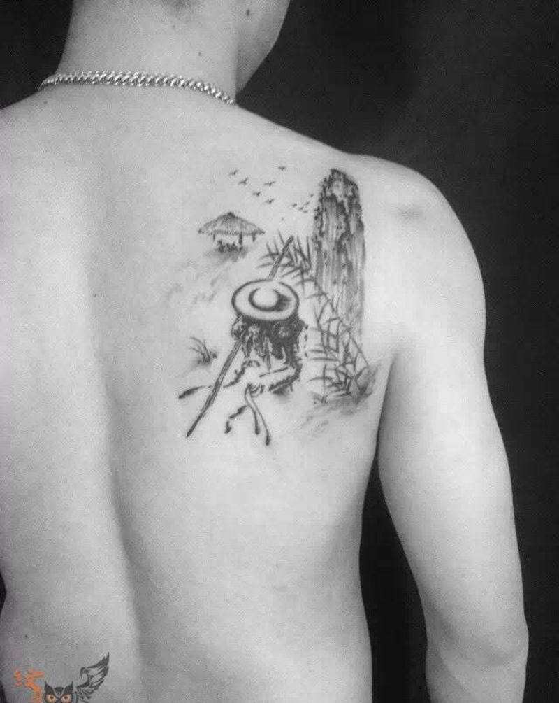 意境纹身图片_雨墨刺青宜兴无锡.常州背部肩部原创人物传统写实纹身图案