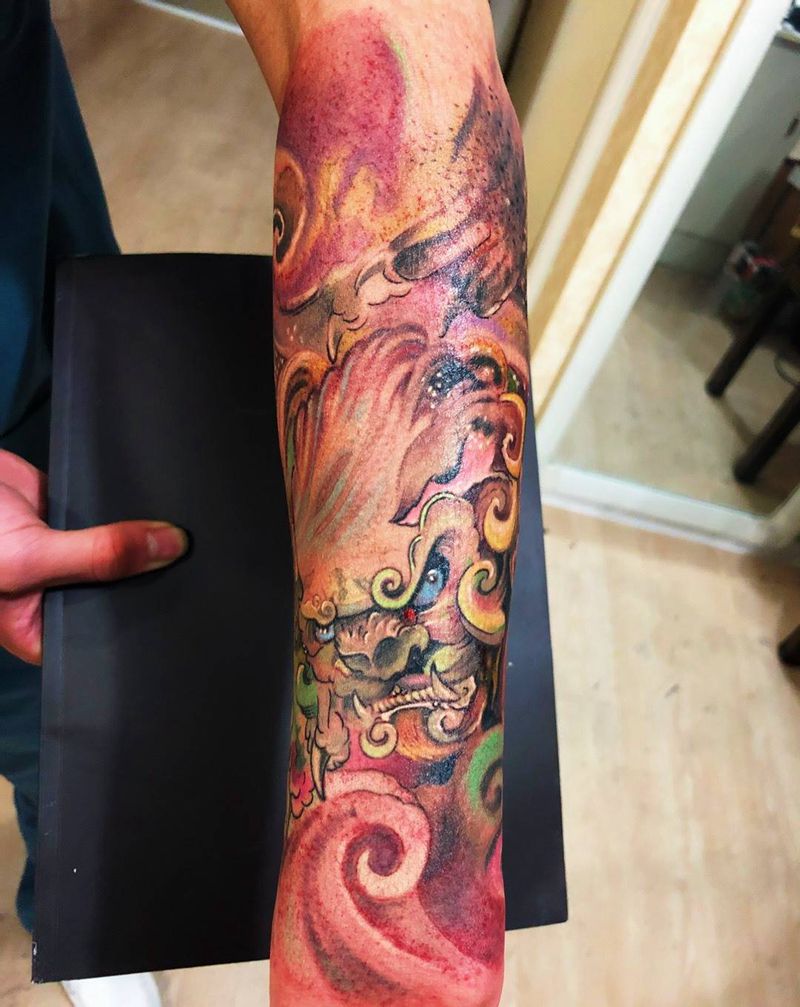 水彩唐狮子纹身图片