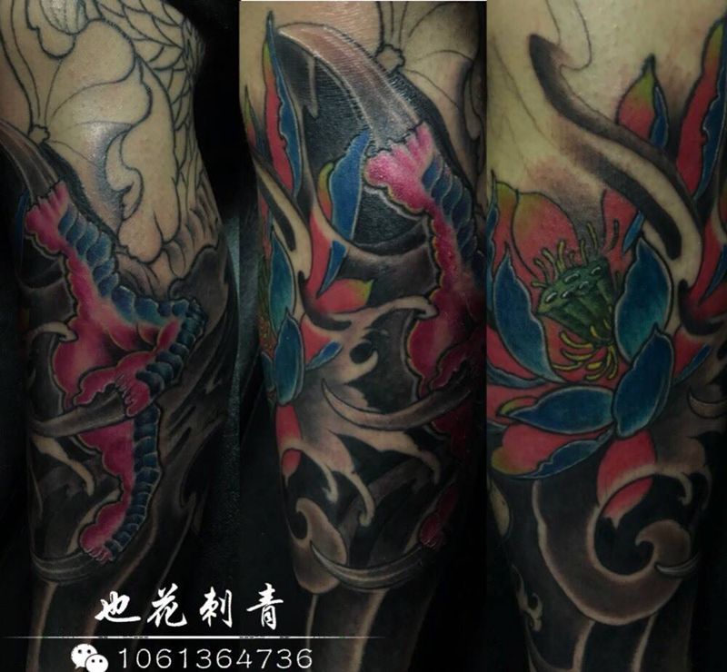 小腿纹身图片_成品腿部传统动物鬼神植物清新纹身图案