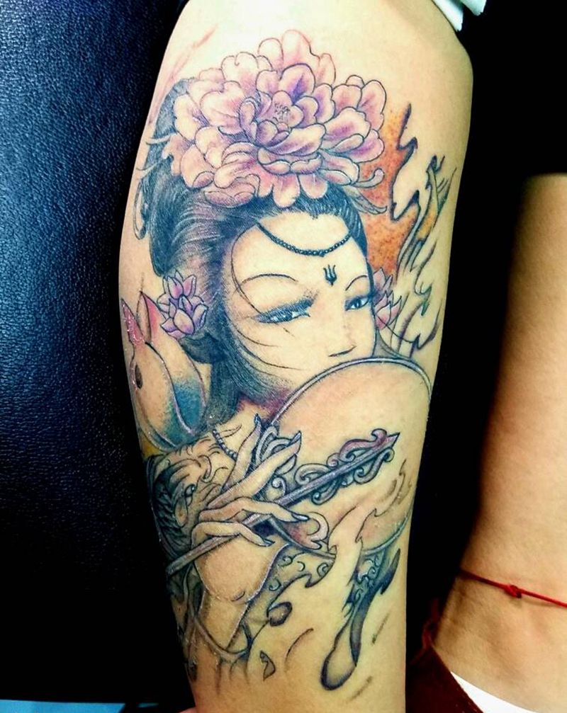 小腿彩色艺妓 皮肤没完全恢复好纹身图片