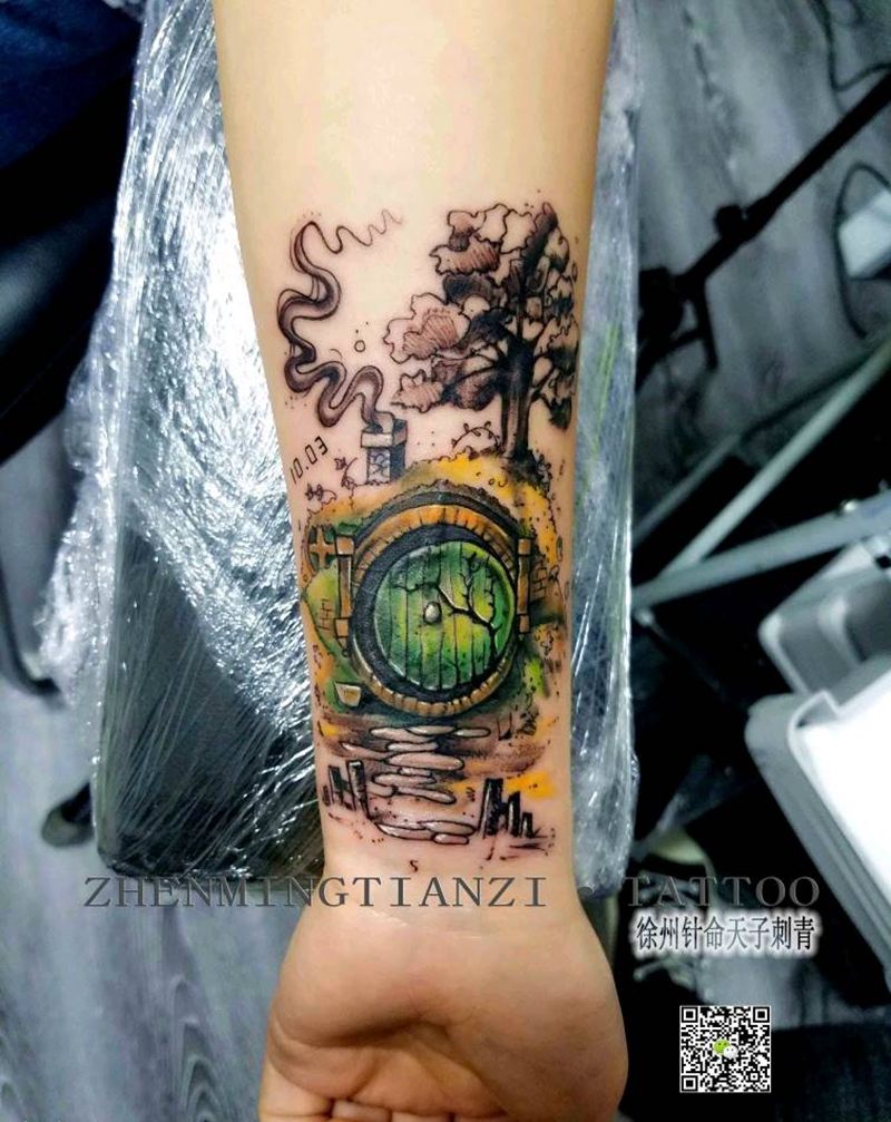 乡村小别墅 遮盖纹身图片_手臂新传统遮盖纹身图案