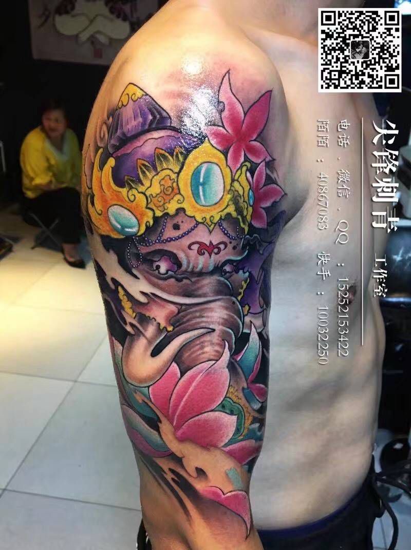 象神纹身图片_成品手臂传统人物纹身图案