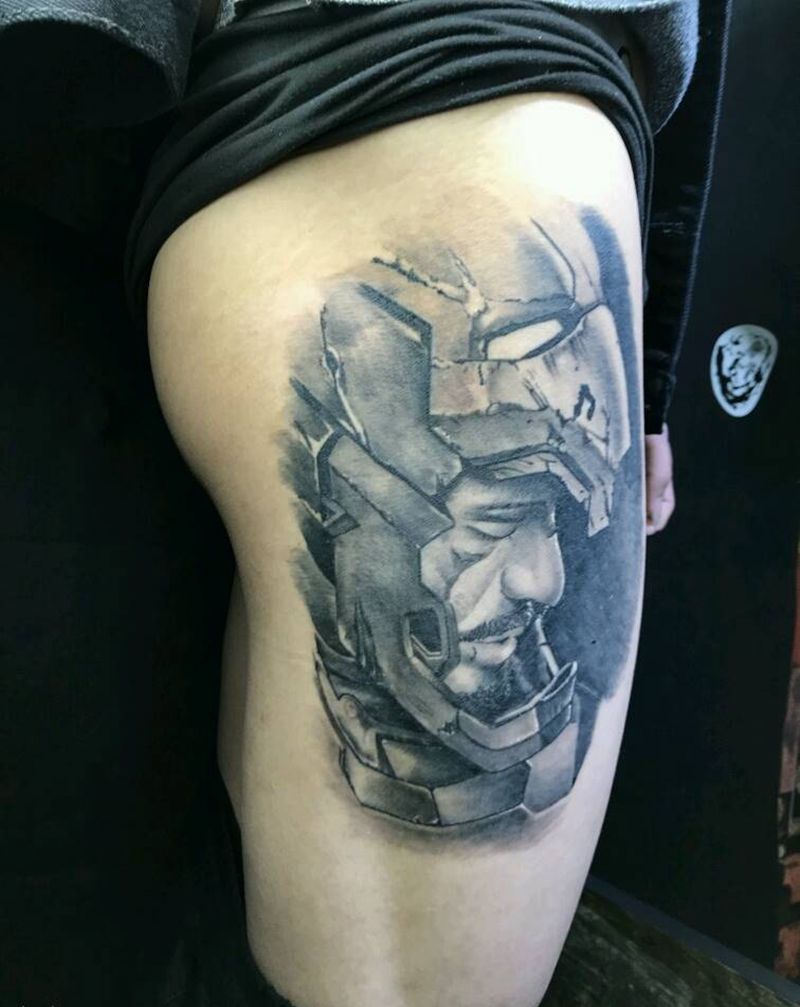 钢铁侠纹身图片_腿部欧美写实纹身图案