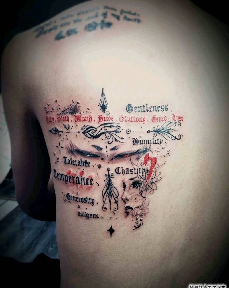七宗罪 英文纹身图片_背部花体字纹身图案