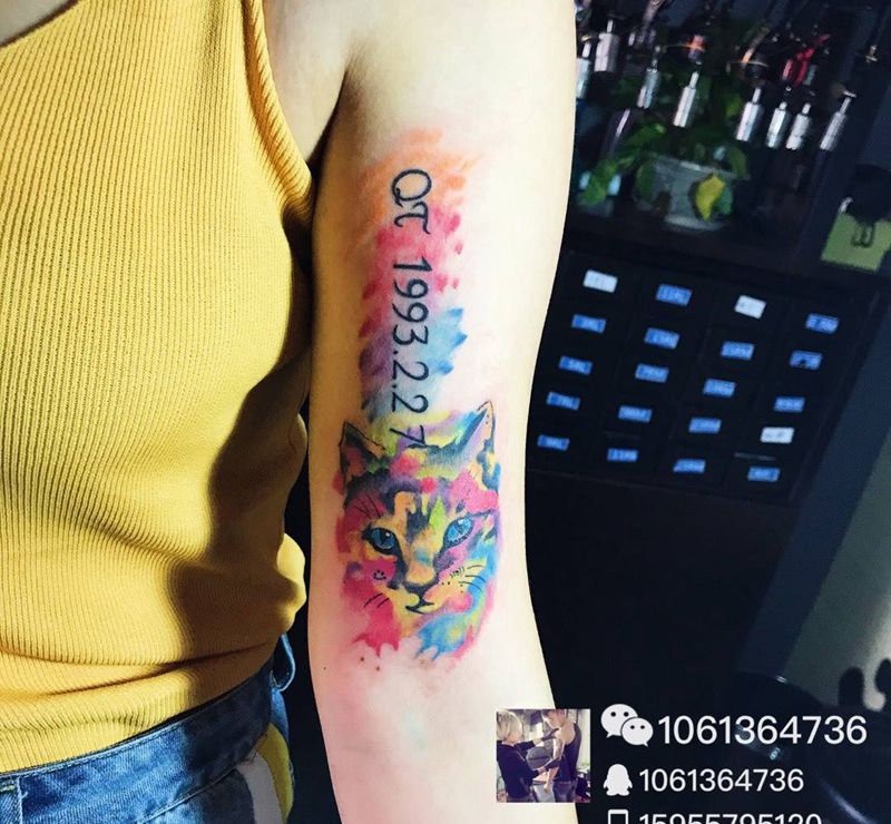 水彩猫咪纹身图片_成品手部手臂传统清新欧美贴纸动物静物原创纹身图案