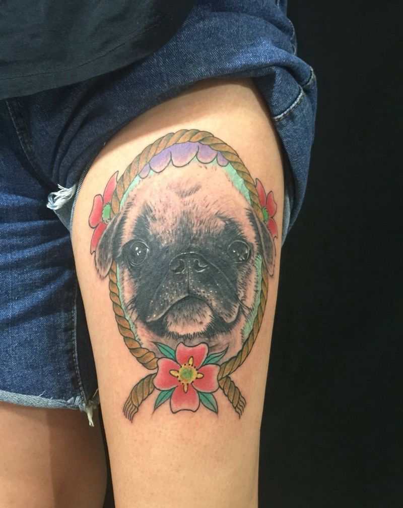 狗纹身图片_成品手稿腿部欧美传统清新写实习俗肖像国画纹身图案