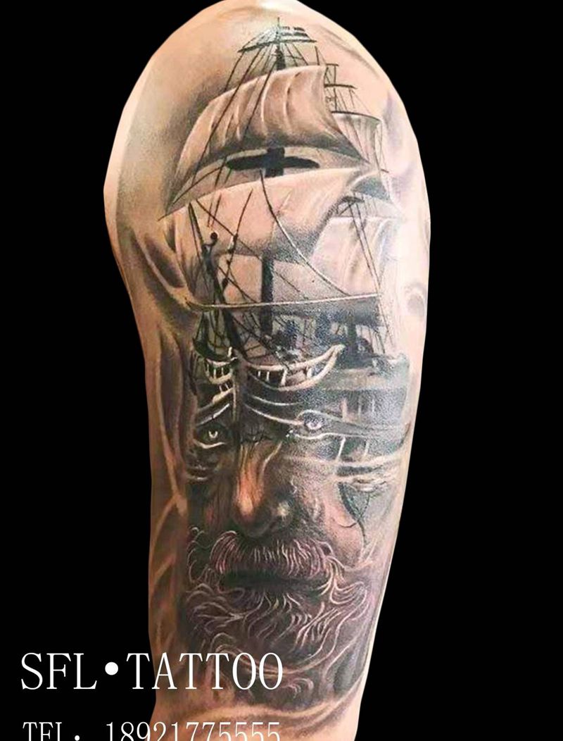 老人与海纹身图片_手臂欧美写实纹身图案