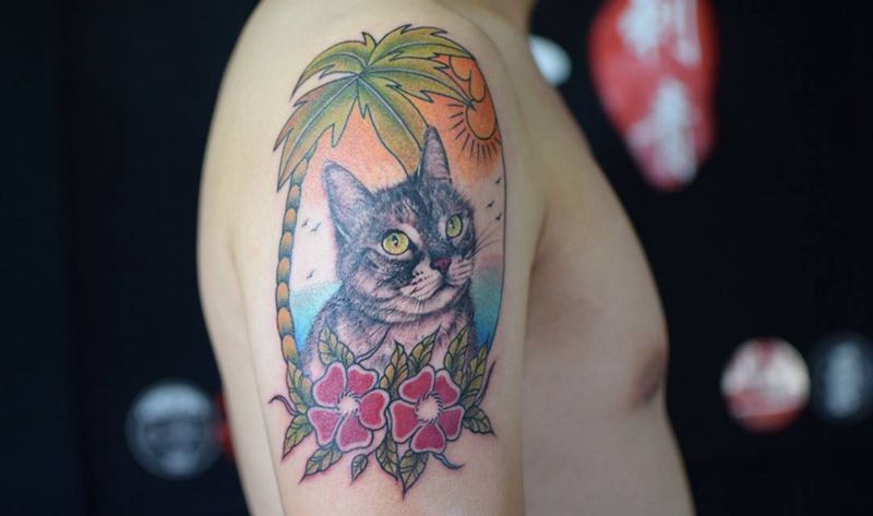 猫纹身图片_成品手臂动物雨墨刺青宜兴无锡.纹身图案