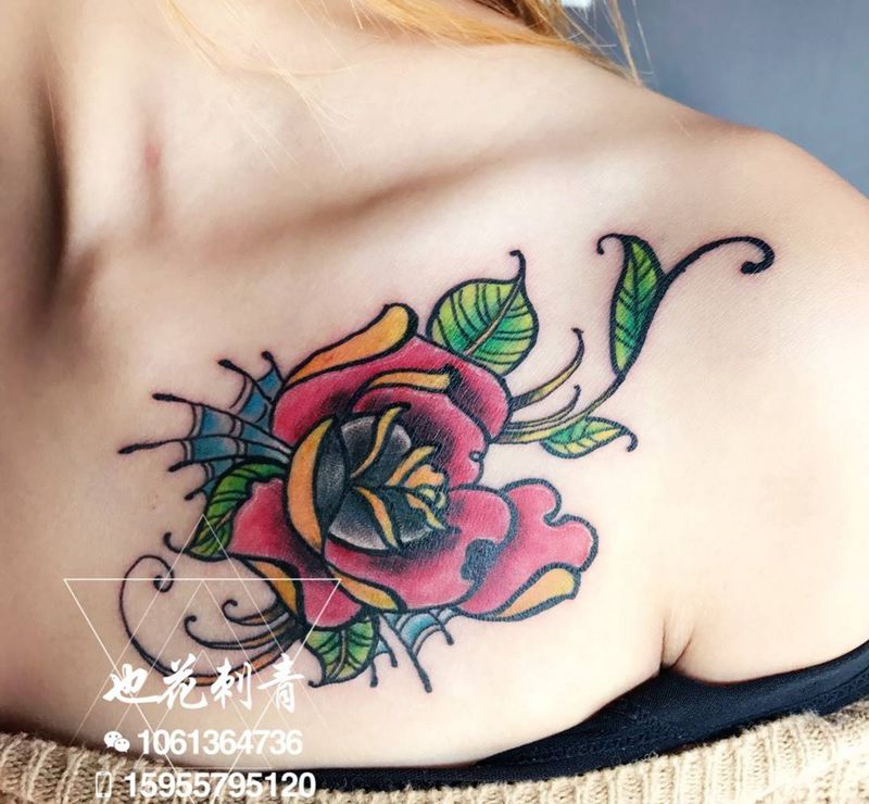 Old school纹身图片_成品肩部胸部清新欧美静物字符贴纸几何纹身图案