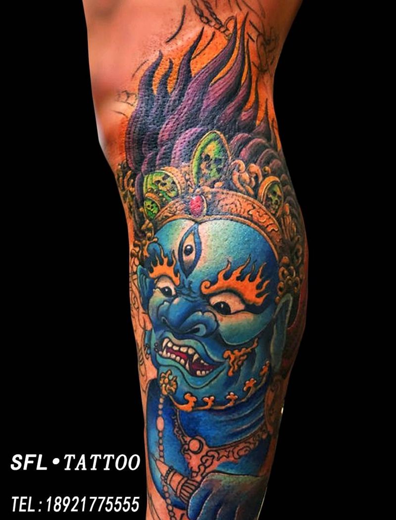 大黑天 半成品纹身图片_腿部新传统纹身图案