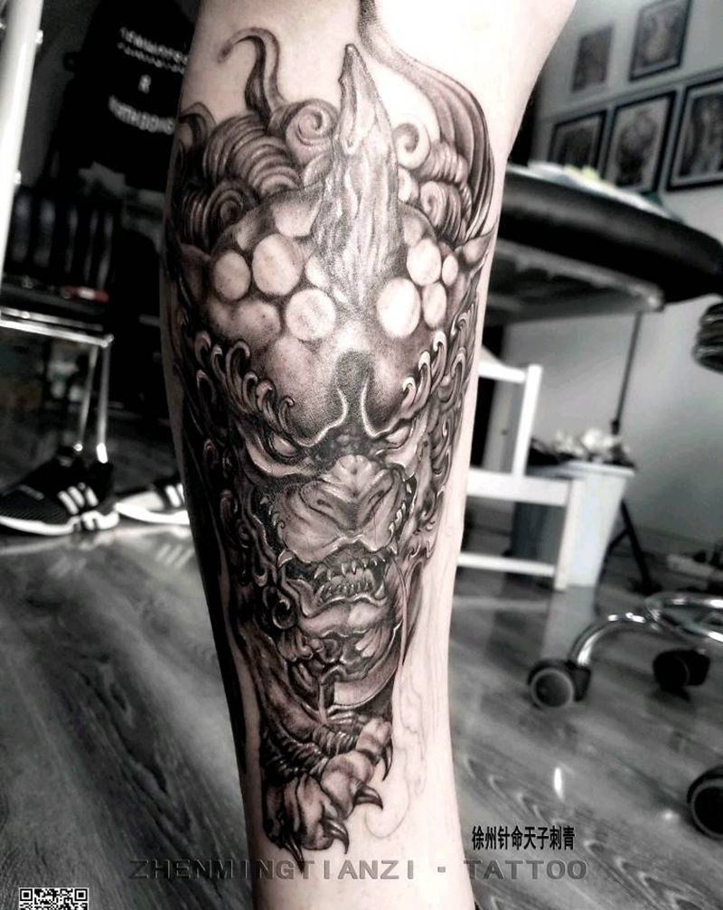 唐狮 小腿半成品纹身图片_腿部新传统纹身图案