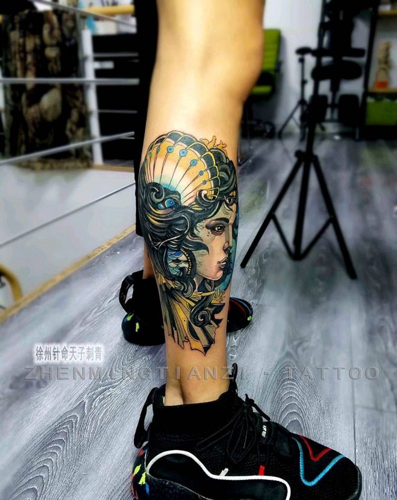 人鱼公主school纹身图片_腿部New School纹身图案