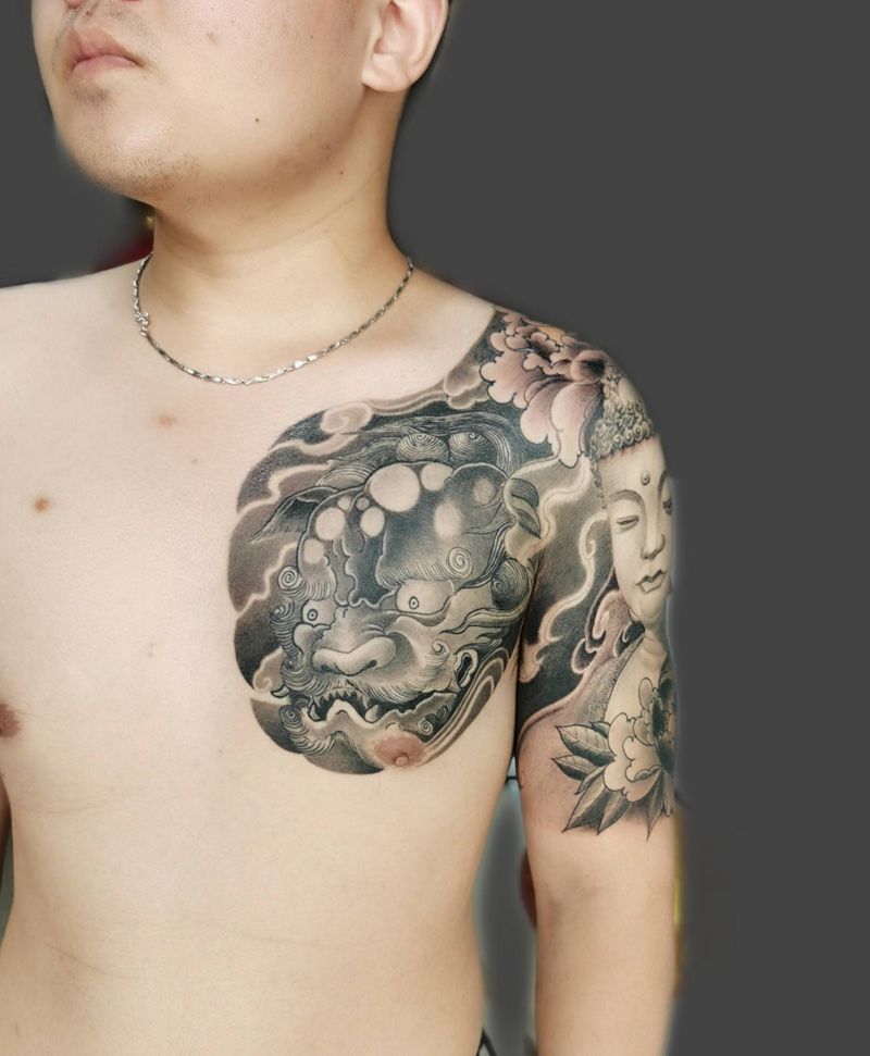 半甲唐狮佛纹身图片_新传统纹身图案