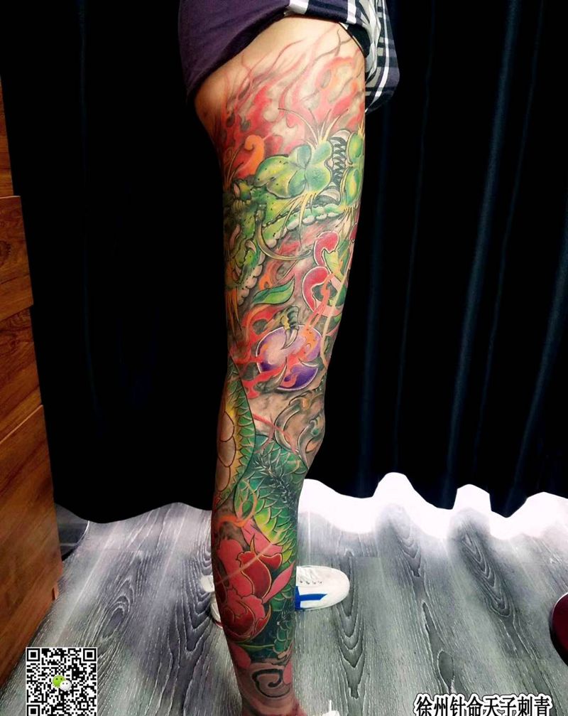 完工 盘龙腿纹身图片_腿部新传统纹身图案