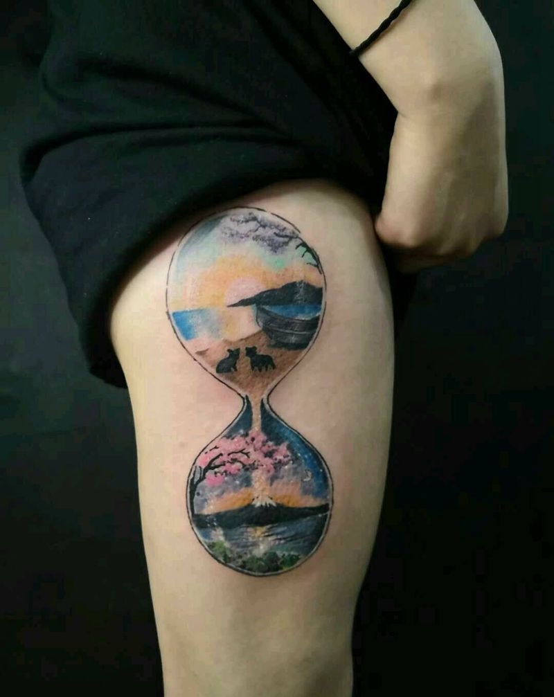 沙漏纹身图片_脚部腿部欧美写实水彩唯美风景沙漏纹身图案