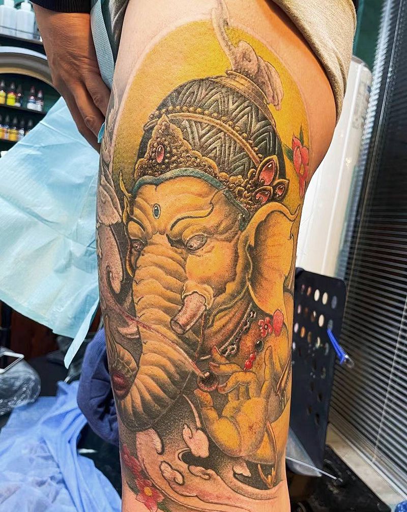 象神纹身图片_腿部新传统纹身图案