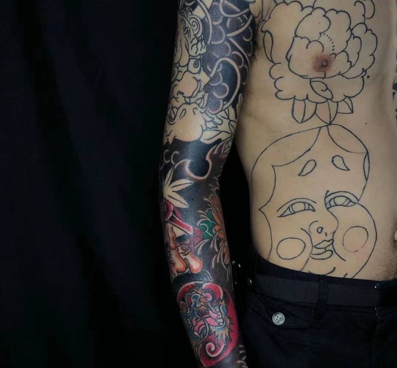 老旧线条修改上色纹身图片_手臂老传统纹身图案