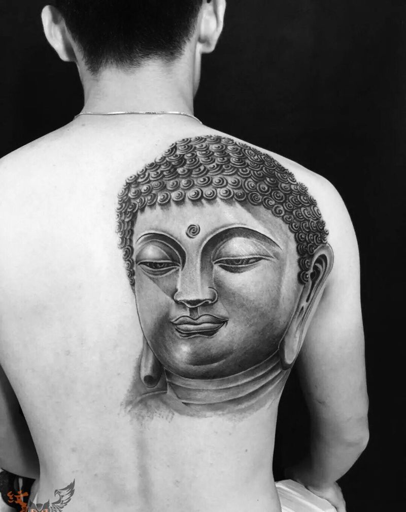 佛首纹身图片_雨墨刺青常州宜兴无锡.背部肩部鬼神人物宗教传统纹身图案