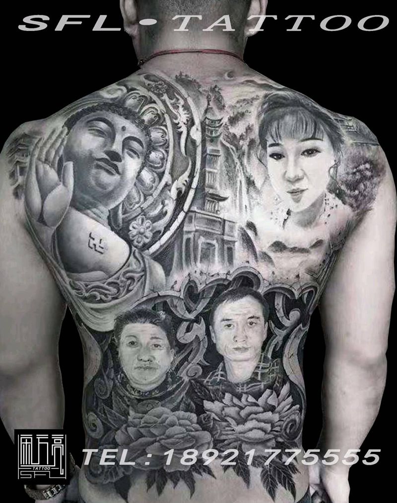 护佑纹身图片_背部欧美写实纹身图案