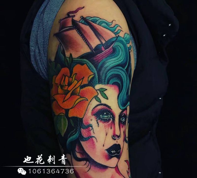 New school 女郎纹身图片_成品手部手臂欧美肖像人物静物原创纹身图案