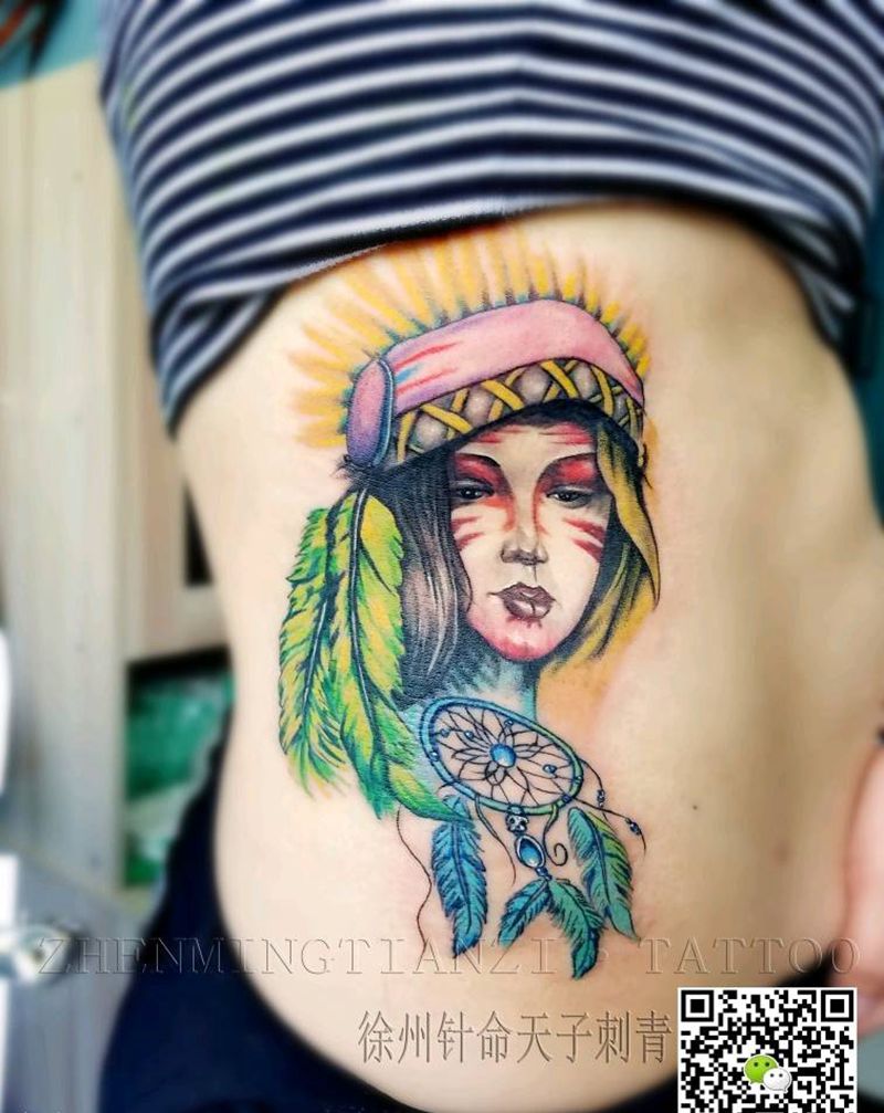 印第安与捕梦网的结合纹身图片