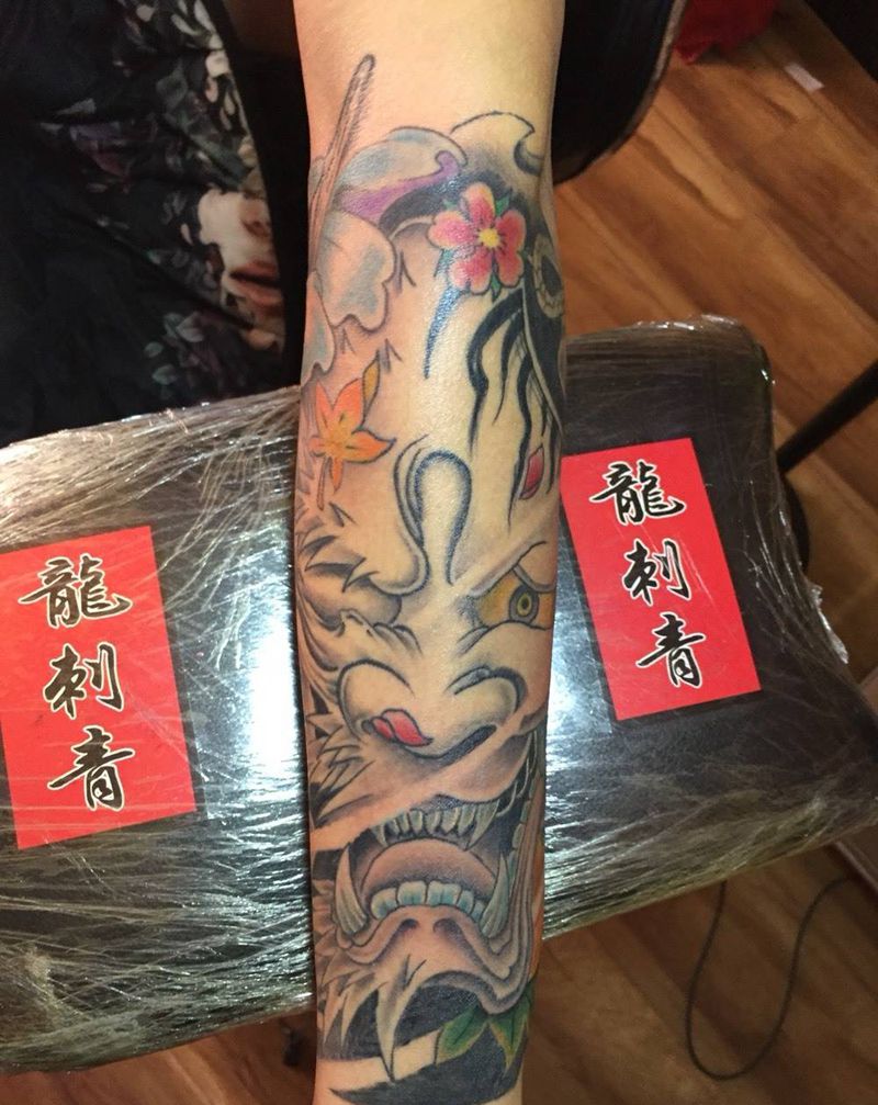 小臂般若纹身图片_成品手臂传统鬼神纹身图案