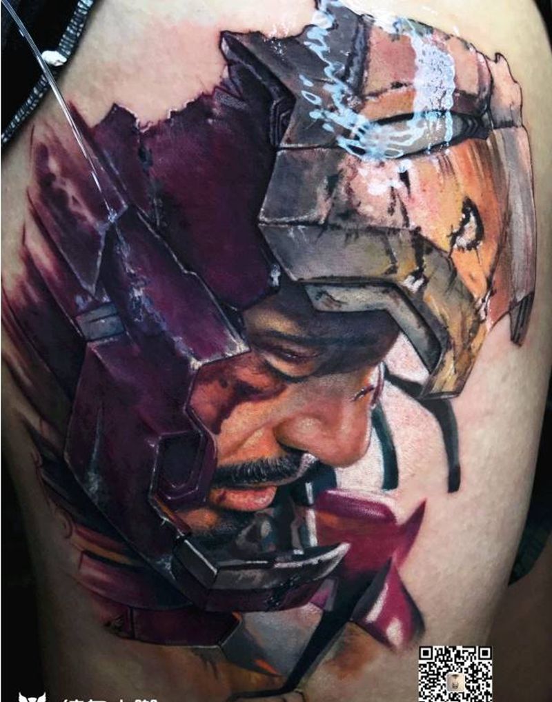 钢铁侠纹身图片_腿部欧美写实纹身图案