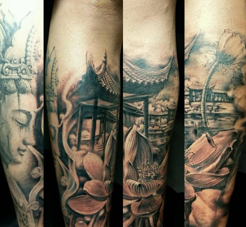 静  心纹身图片_腿部欧美传统写实原创石雕成品纹身图案