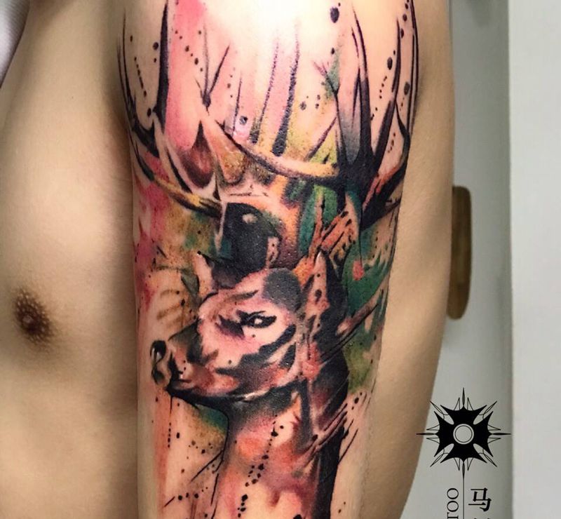 水彩《鹿》纹身图片_手臂纹身图案