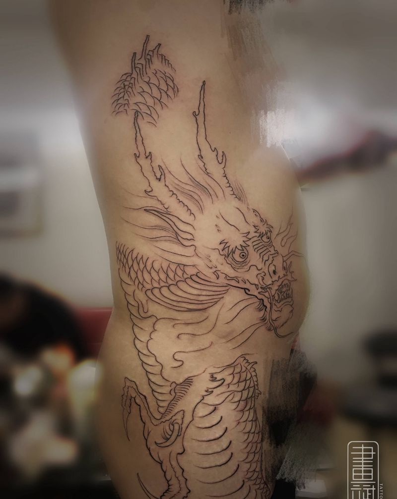 龙纹身图片_腹部水墨新传统纹身图案