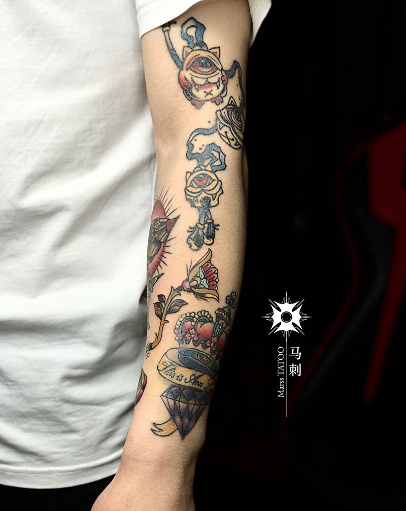 old school拼接纹身图片_手臂纹身图案