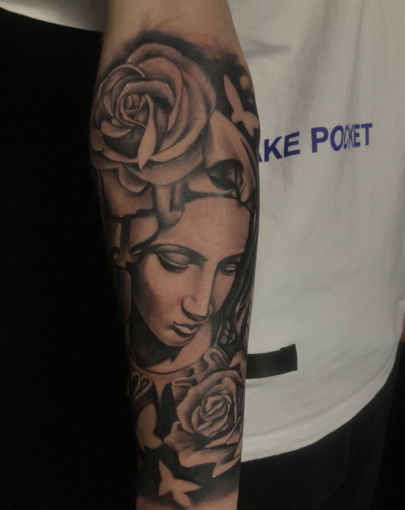 欧美风包小臂纹身图片_手臂手部欧美写实波塞冬玛利亚纹身图案