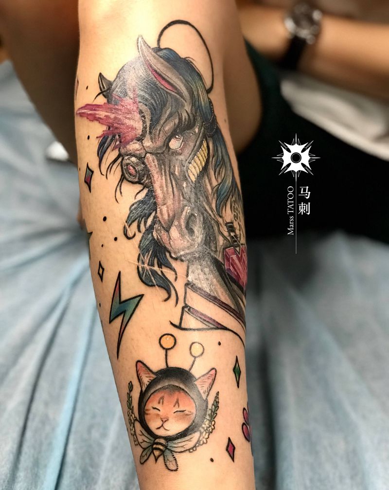 小腿拼接纹身图片_腿部纹身图案