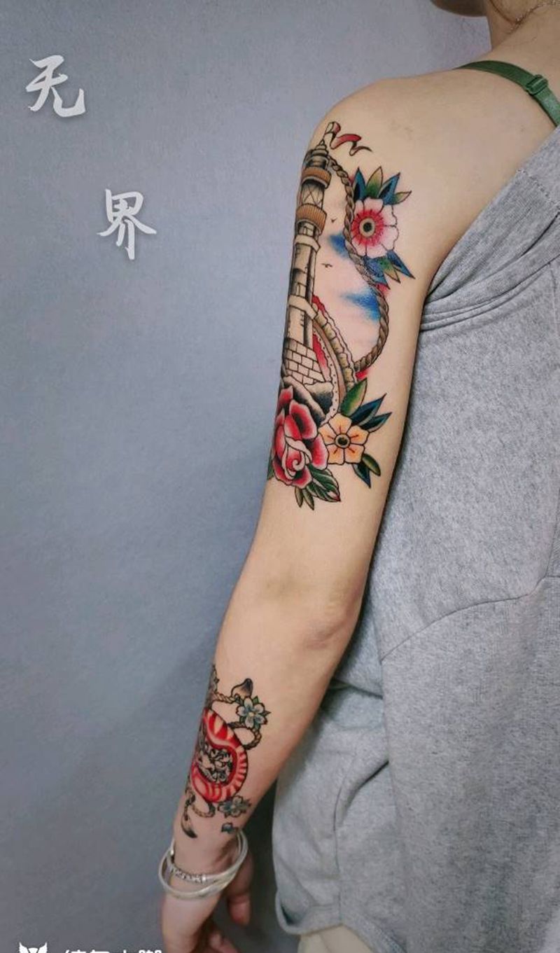 old school纹身图片_手臂Old School花臂拼接灯塔纹身图案