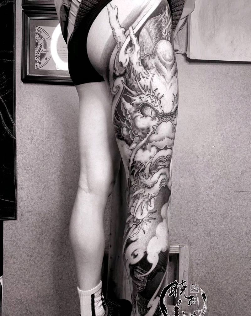 跑腿龙纹身图片_腿部新传统纹身图案