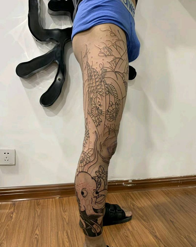日式花腿纹身图片_脚部腿部老传统纹身图案