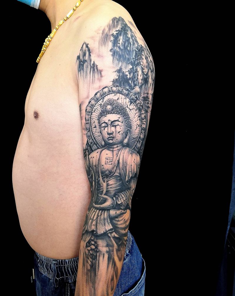 石雕佛加遮盖纹身图片_手臂新传统纹身图案