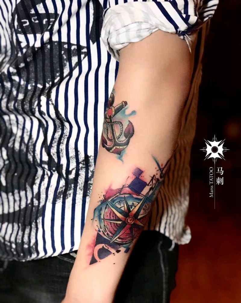 水彩航海时代，指南针and船锚纹身图片_水彩纹身图案