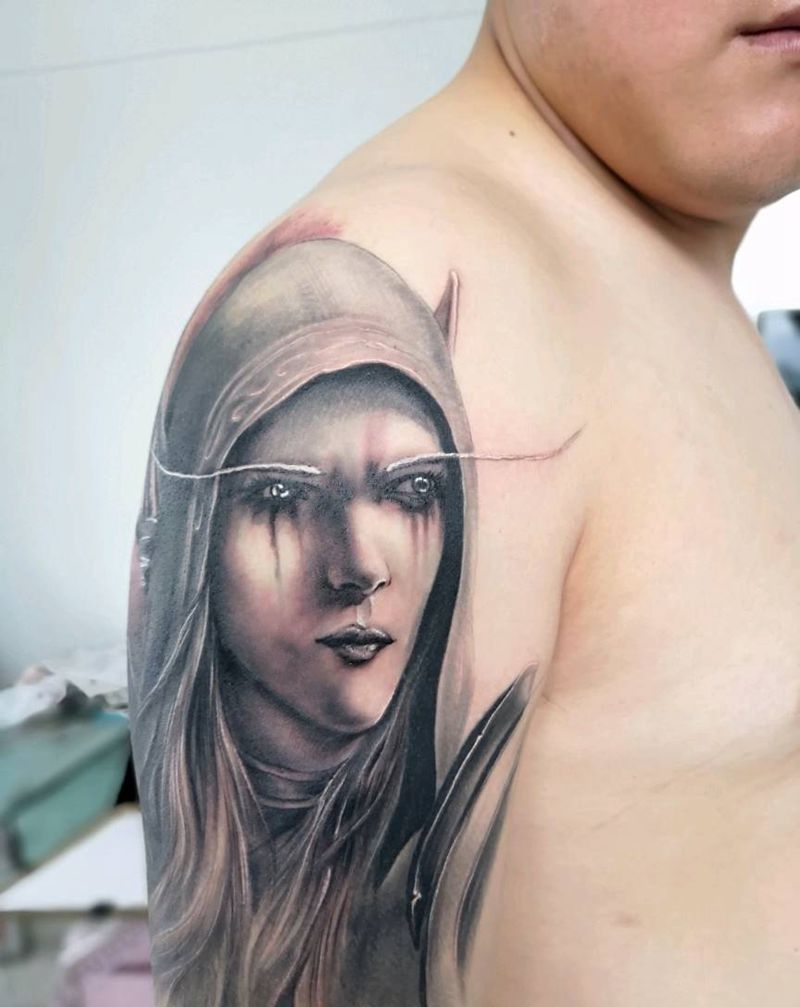 大臂魔兽世界人物纹身图片_手臂欧美写实原创成品纹身图案