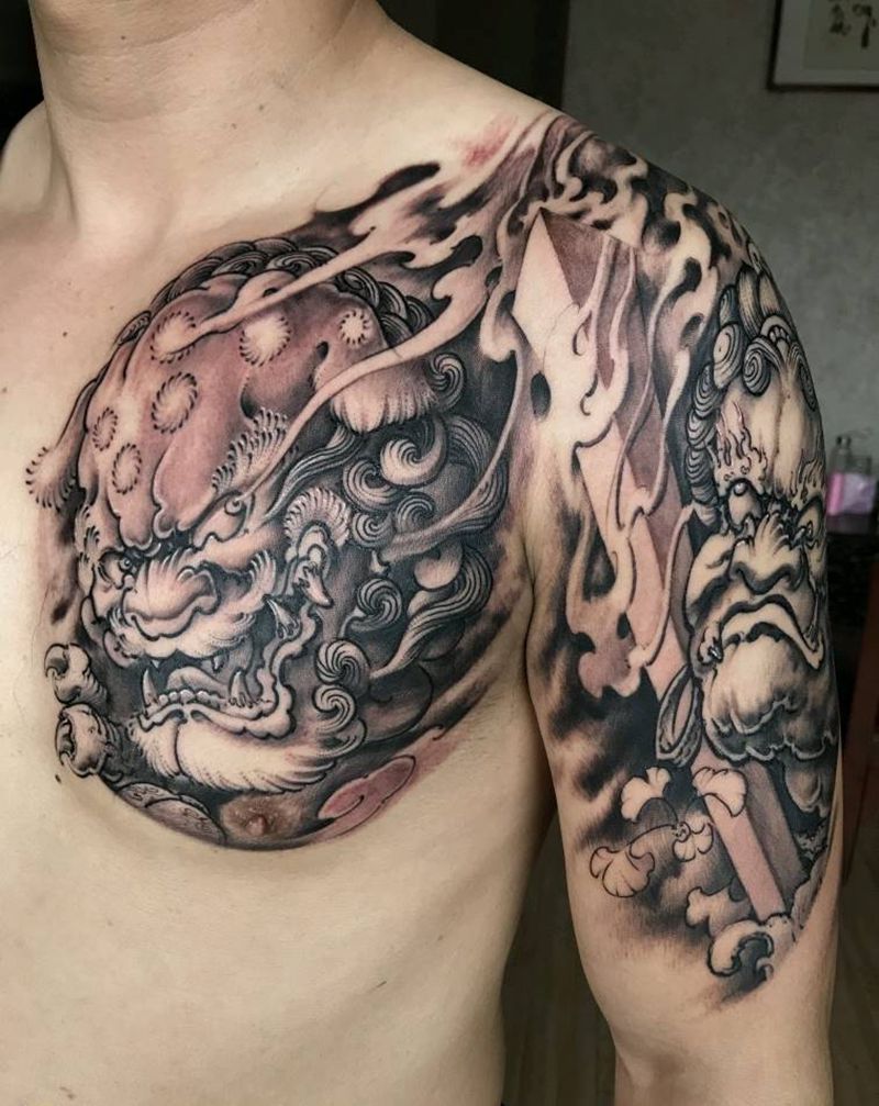 唐狮，不动明王半甲纹身图片