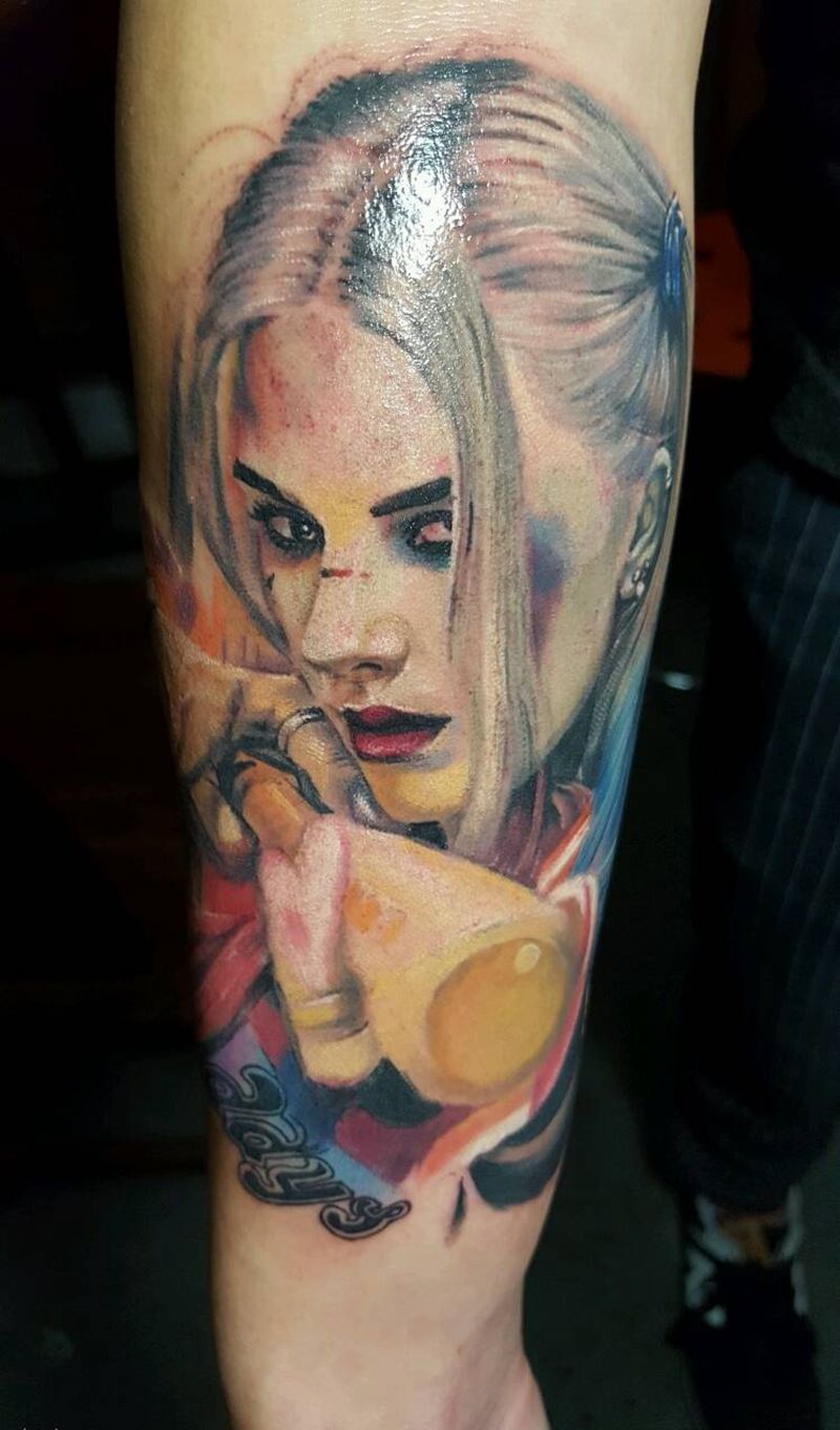 小丑女纹身图片_手臂欧美肖像写实人物原创成品纹身图案