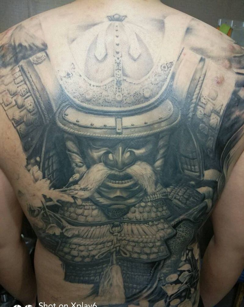 鬼武士纹身图片_背部欧美写实人物原创成品纹身图案