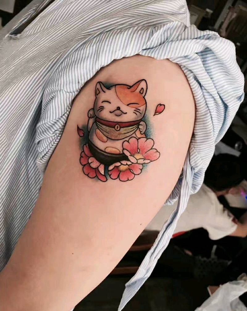 招财猫纹身图片_手臂腿部清新纹身图案