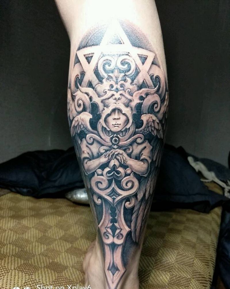 天使纹身图片_腿部欧美写实原创成品纹身图案