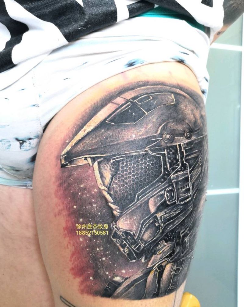 机械头盔生化写实纹身图片_腿部欧美写实纹身图案