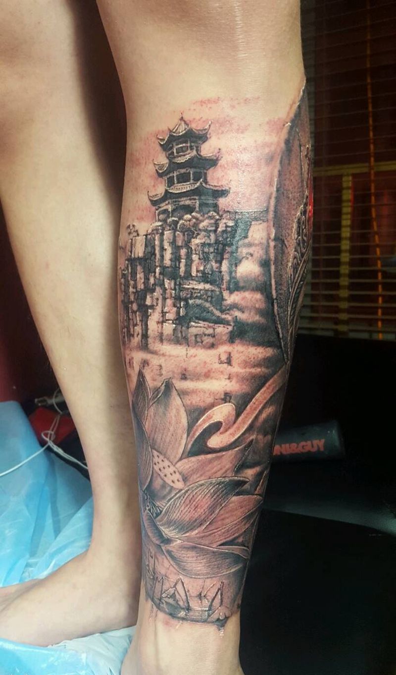 石雕佛包小腿纹身图片_腿部欧美宗教原创石雕纹身图案