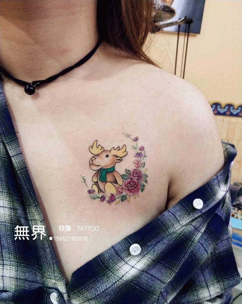 麋鹿花环纹身图片_胸部清新动物植物原创成品纹身图案
