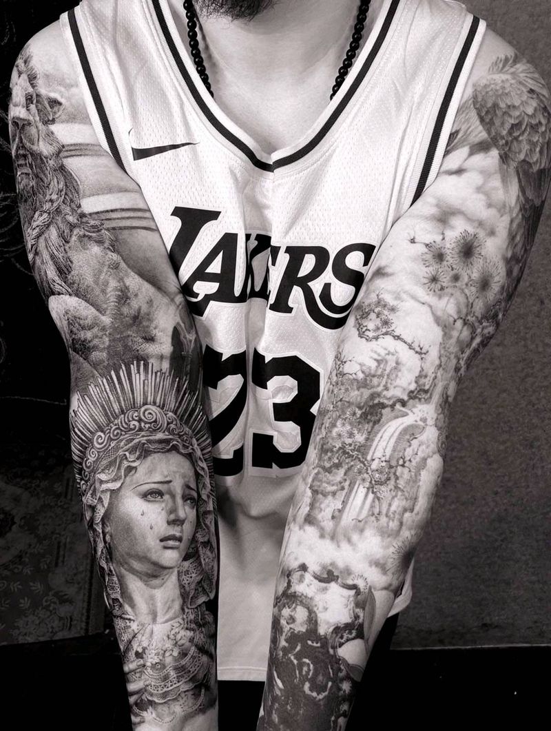 双花臂纹身图片_手部新传统欧美写实纹身图案