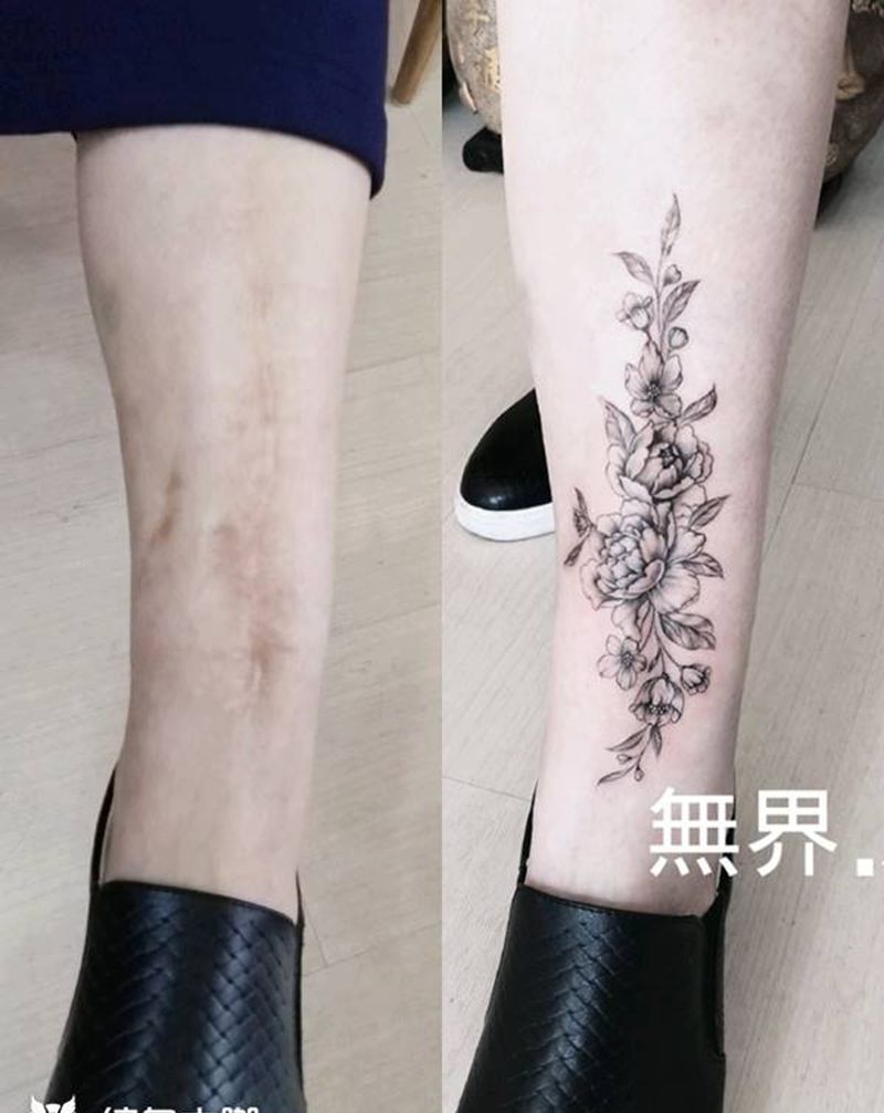 遮疤素花纹身图片_腿部清新植物原创花卉遮疤素花成品纹身图案
